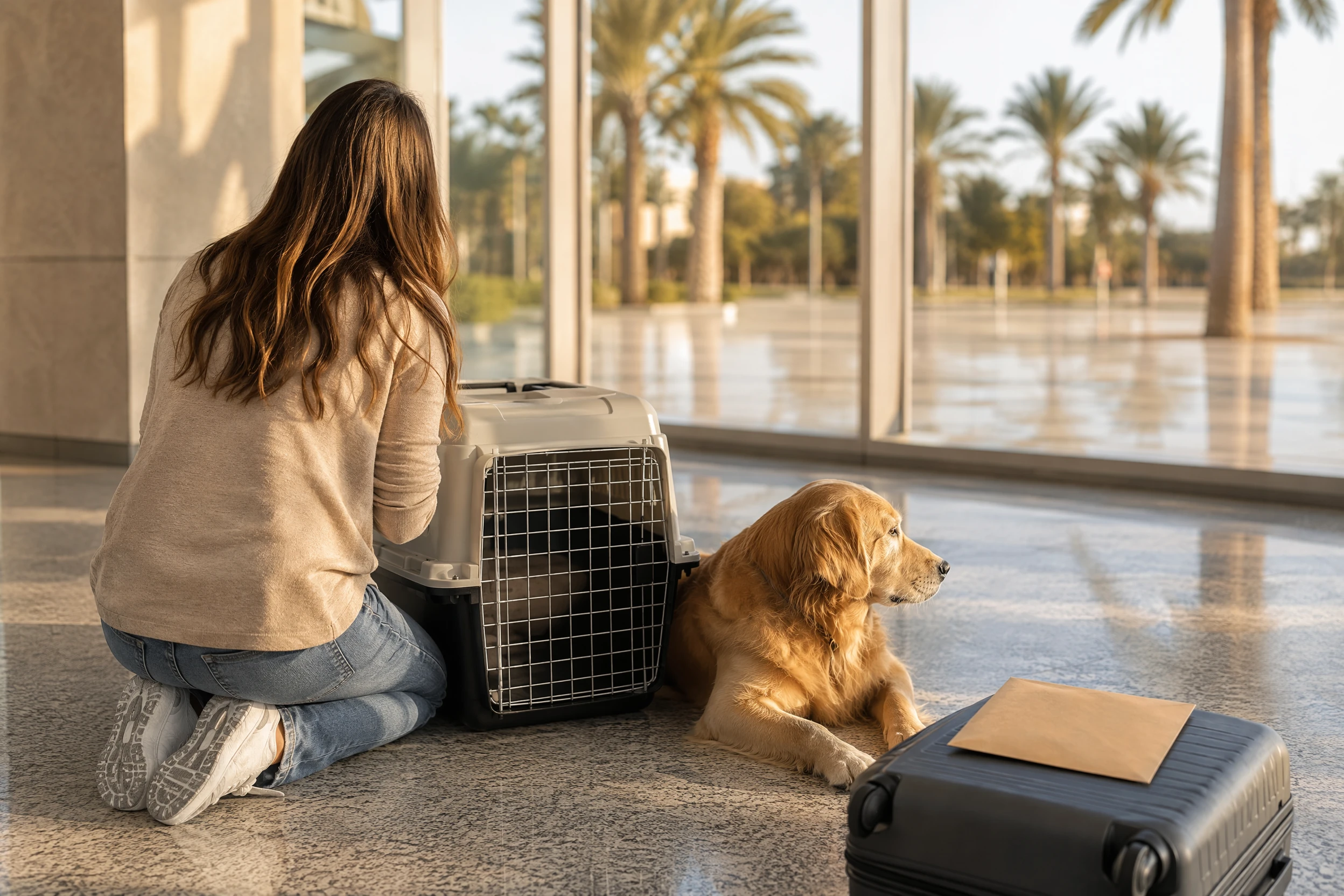 Chien calme arrivant après un vol long courrier dans un terminal d'aéroport de style valencien