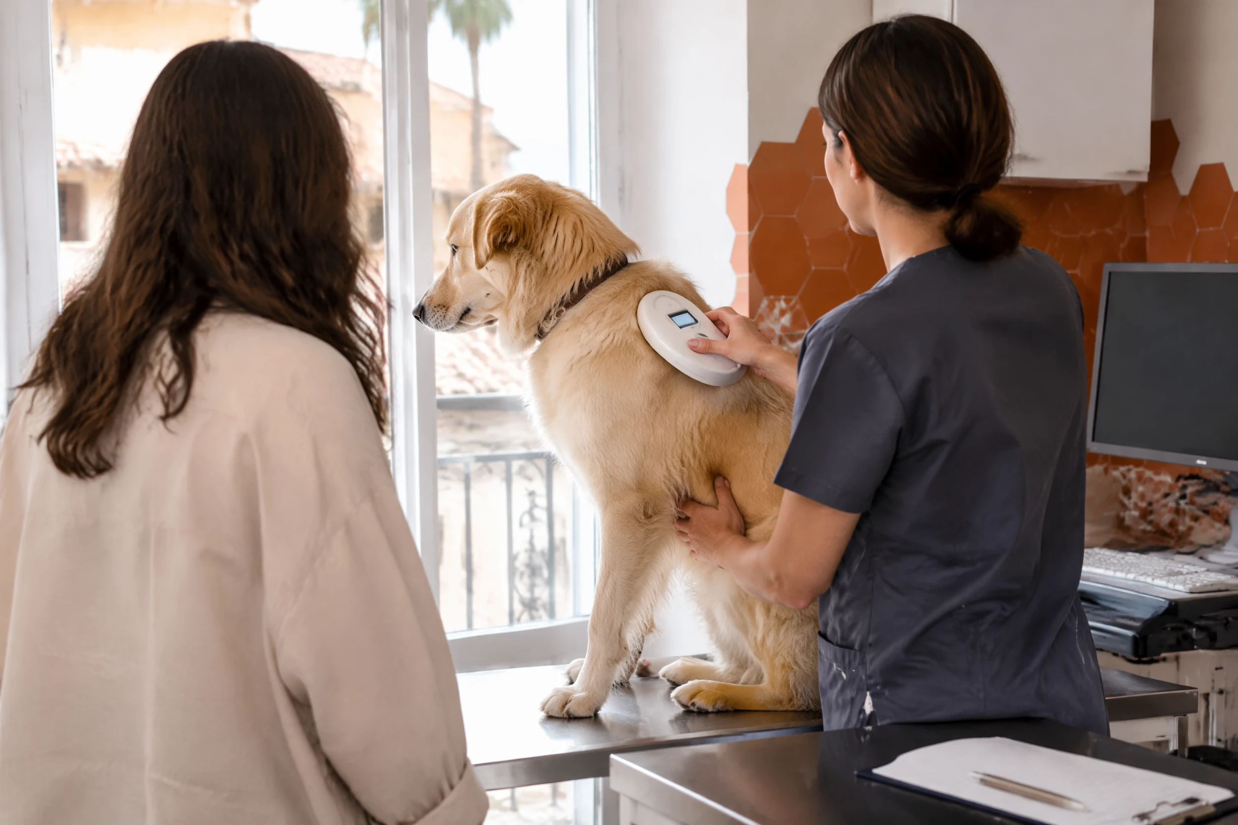 Vétérinaire scannant la puce d'un chat dans une clinique vétérinaire moderne à Valencia