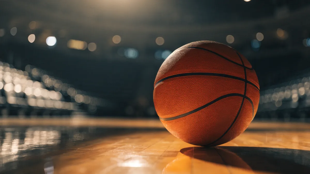 Basketball resting on a glossy hardwood arena court