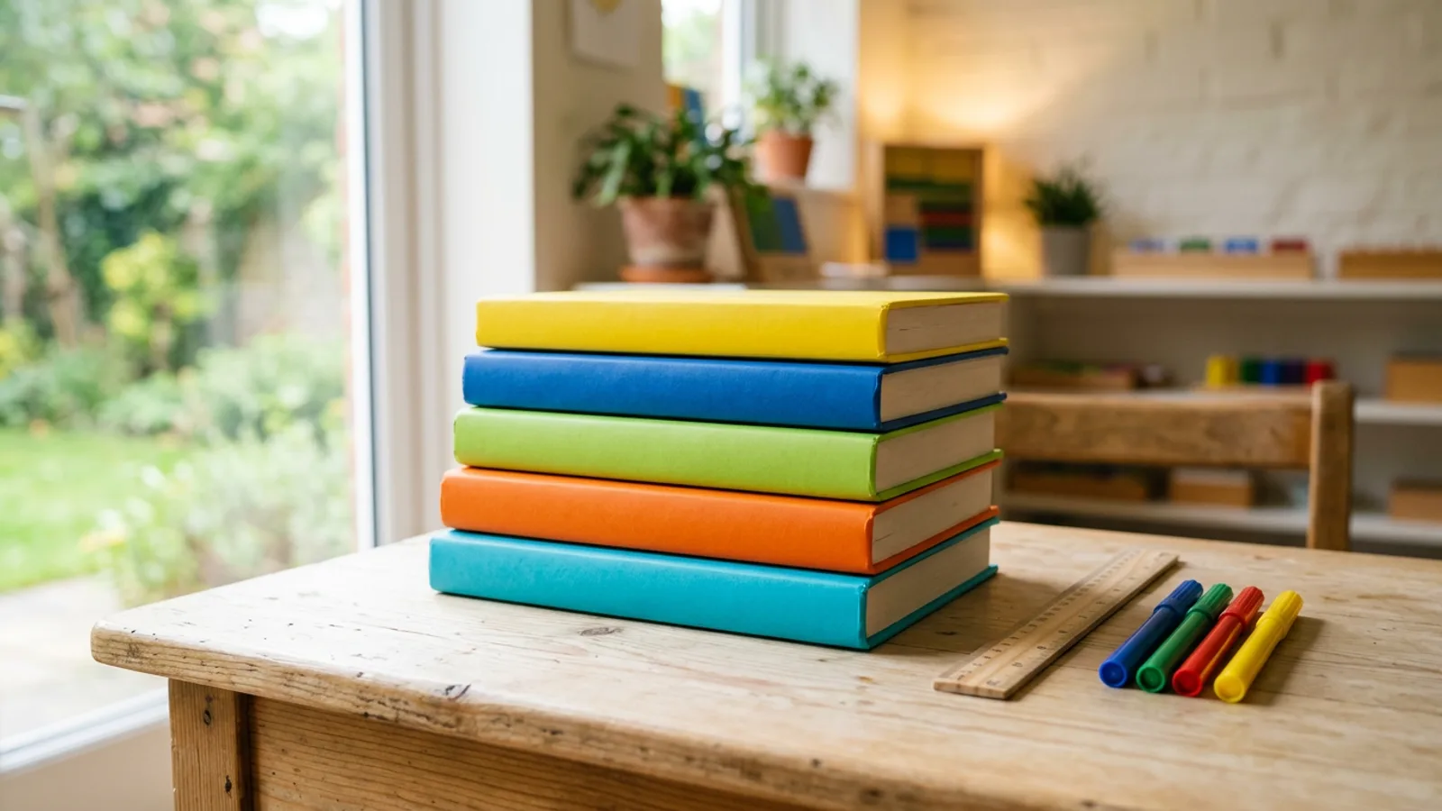 Una pila ordenada de libros de texto con tapas lisas y vivas sobre un escritorio de madera clara, junto a una regla y rotuladores de colores