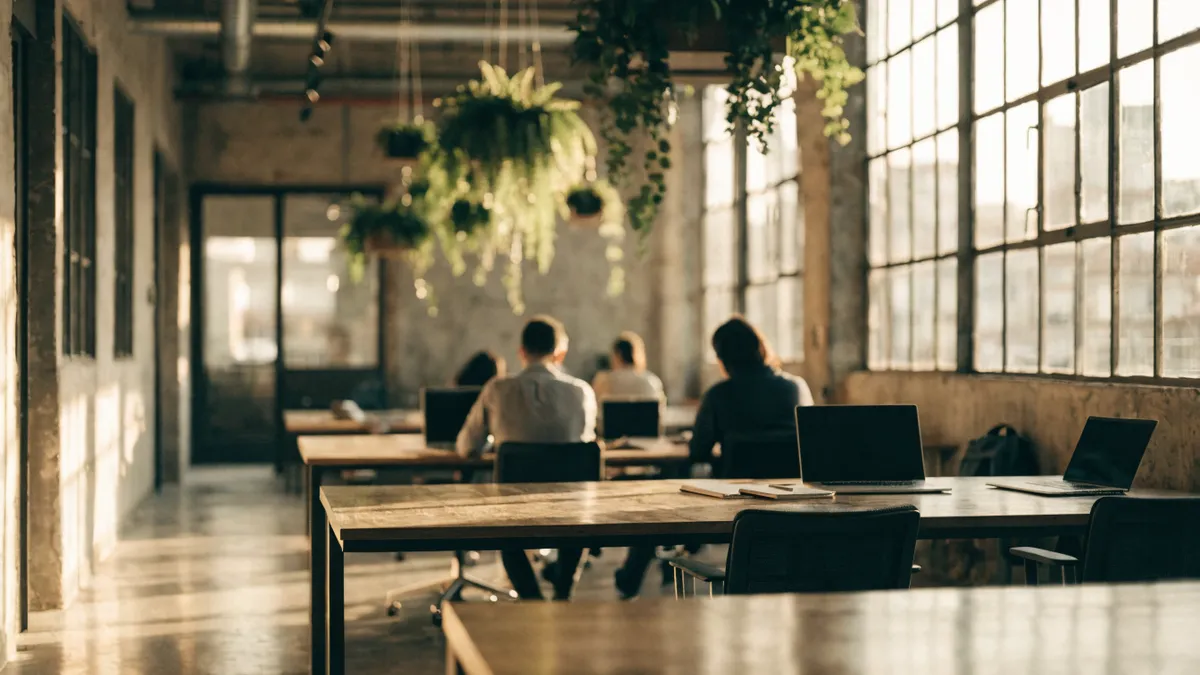 Espacio de coworking moderno y luminoso con mesas compartidas en Valencia