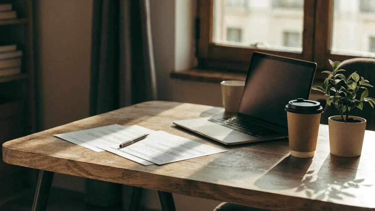 Escritorio de un autónomo con un portátil, facturas y un café