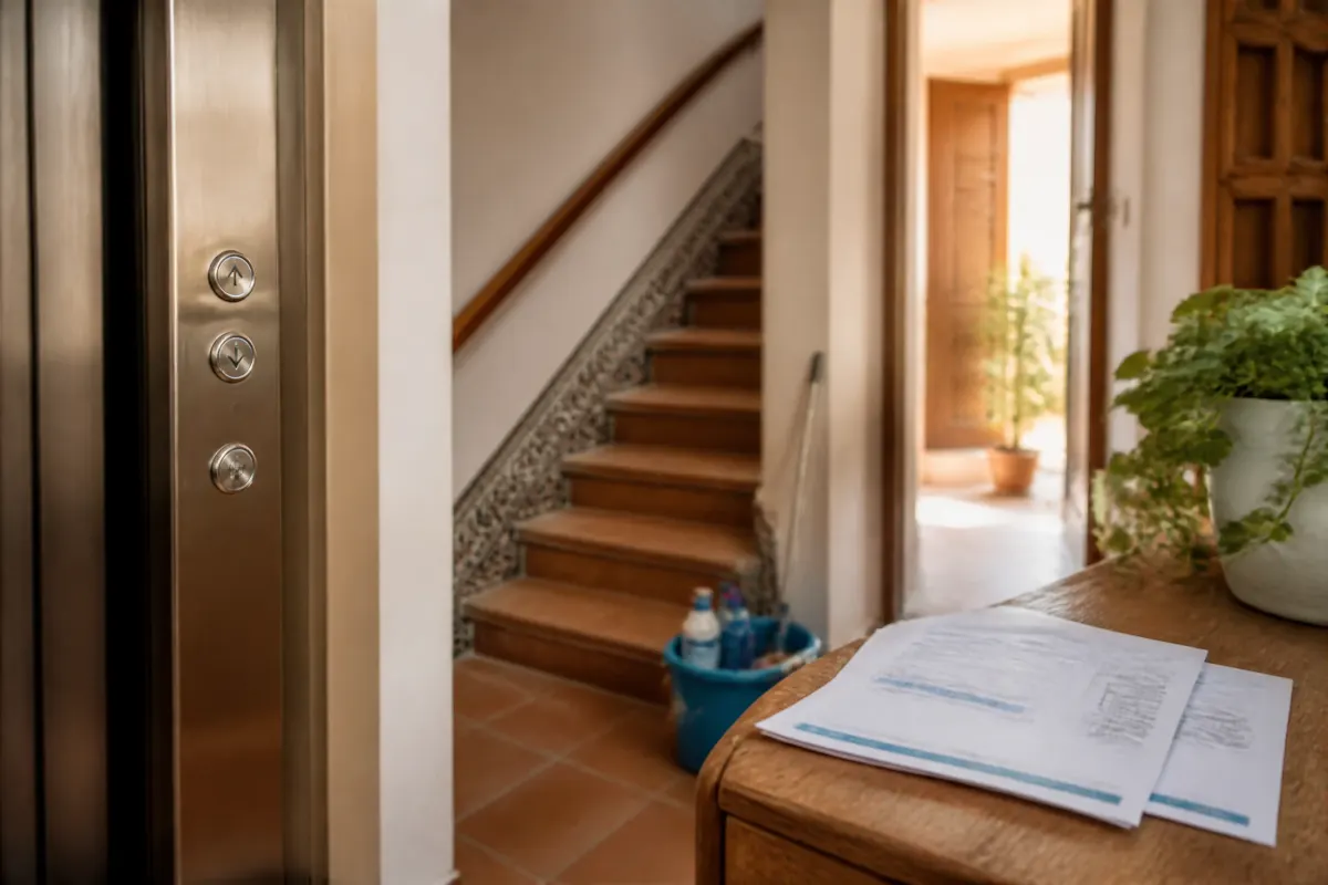 Un seau de nettoyage et des factures dans la cage d'escalier d'un immeuble à Valencia