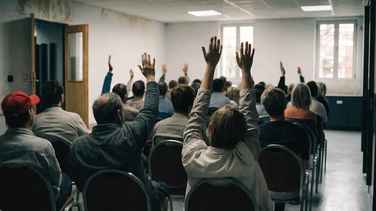 Neighbors raising hands in a vote at a community meeting
