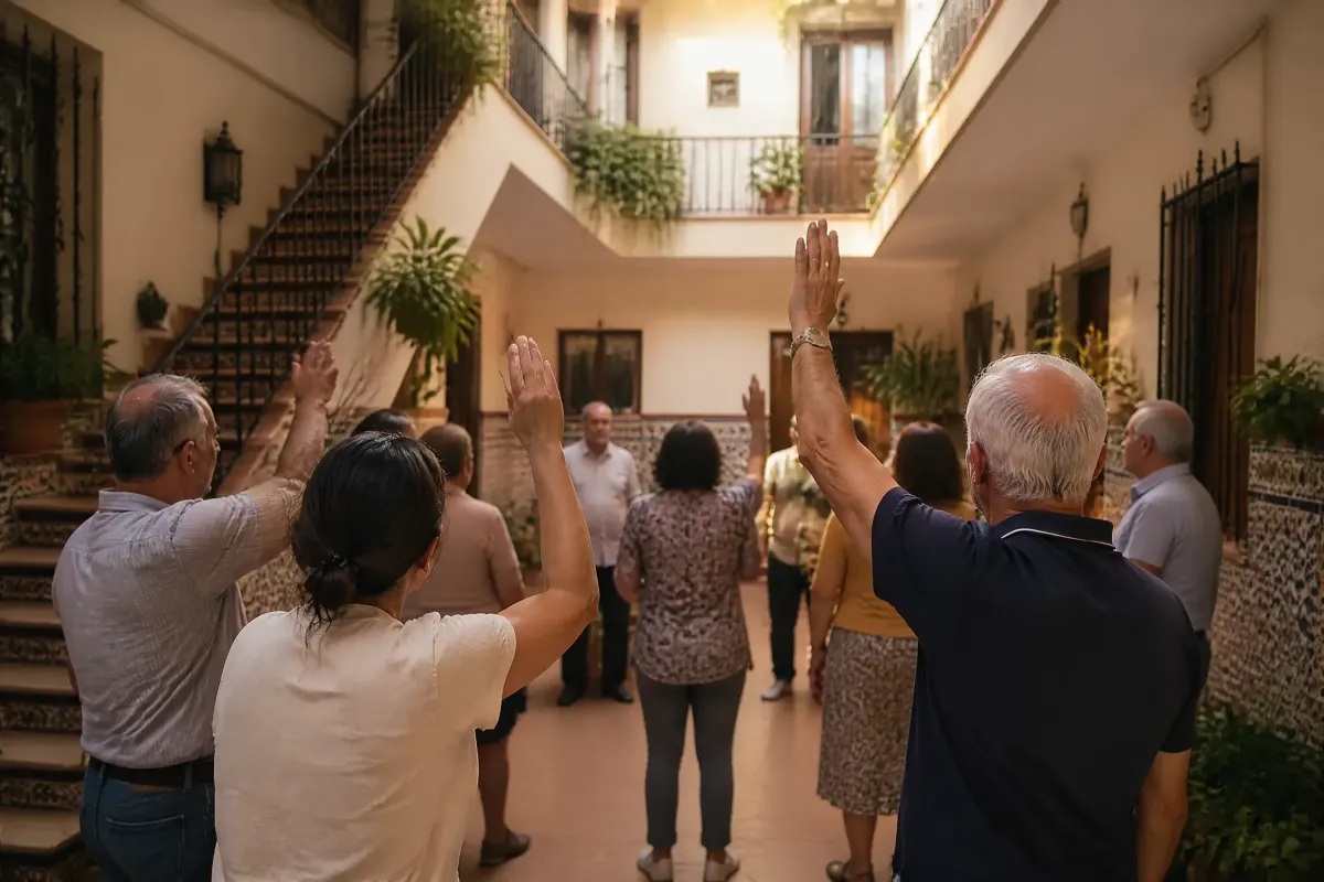 Des voisins levant la main pour voter lors d'une réunion dans un patio résidentiel