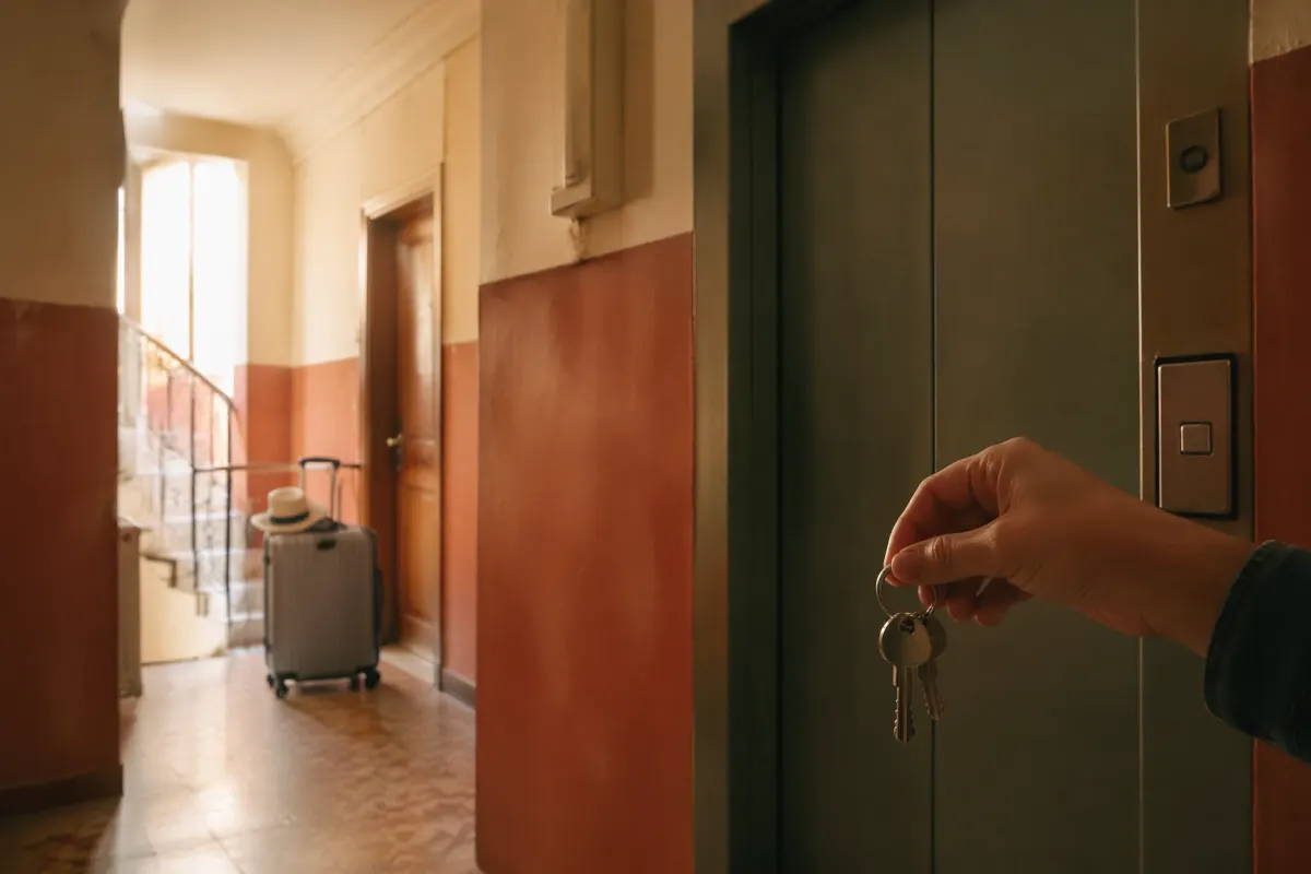 Un visiteur avec une valise récupérant des clés près de l'ascenseur d'un immeuble