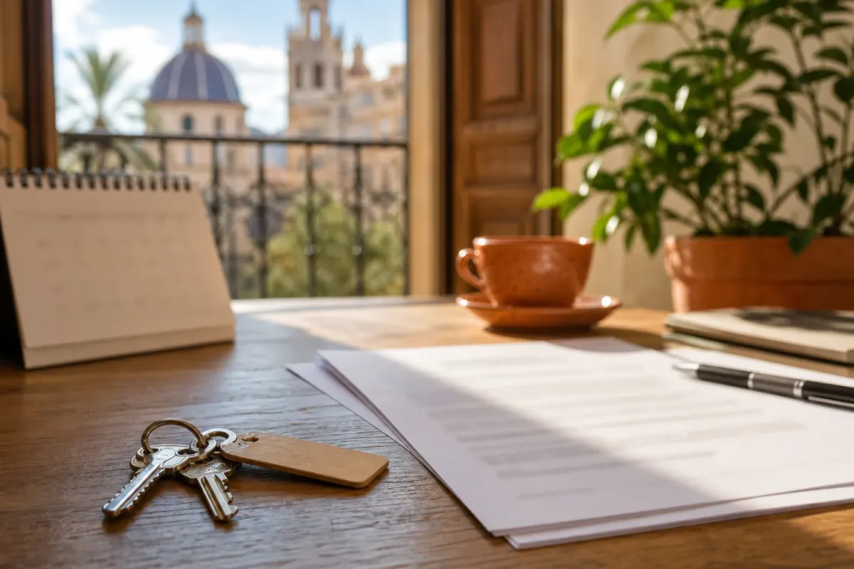 Clés d'appartement, contrat de location et calendrier sur un bureau avec vue sur un balcon à Valencia