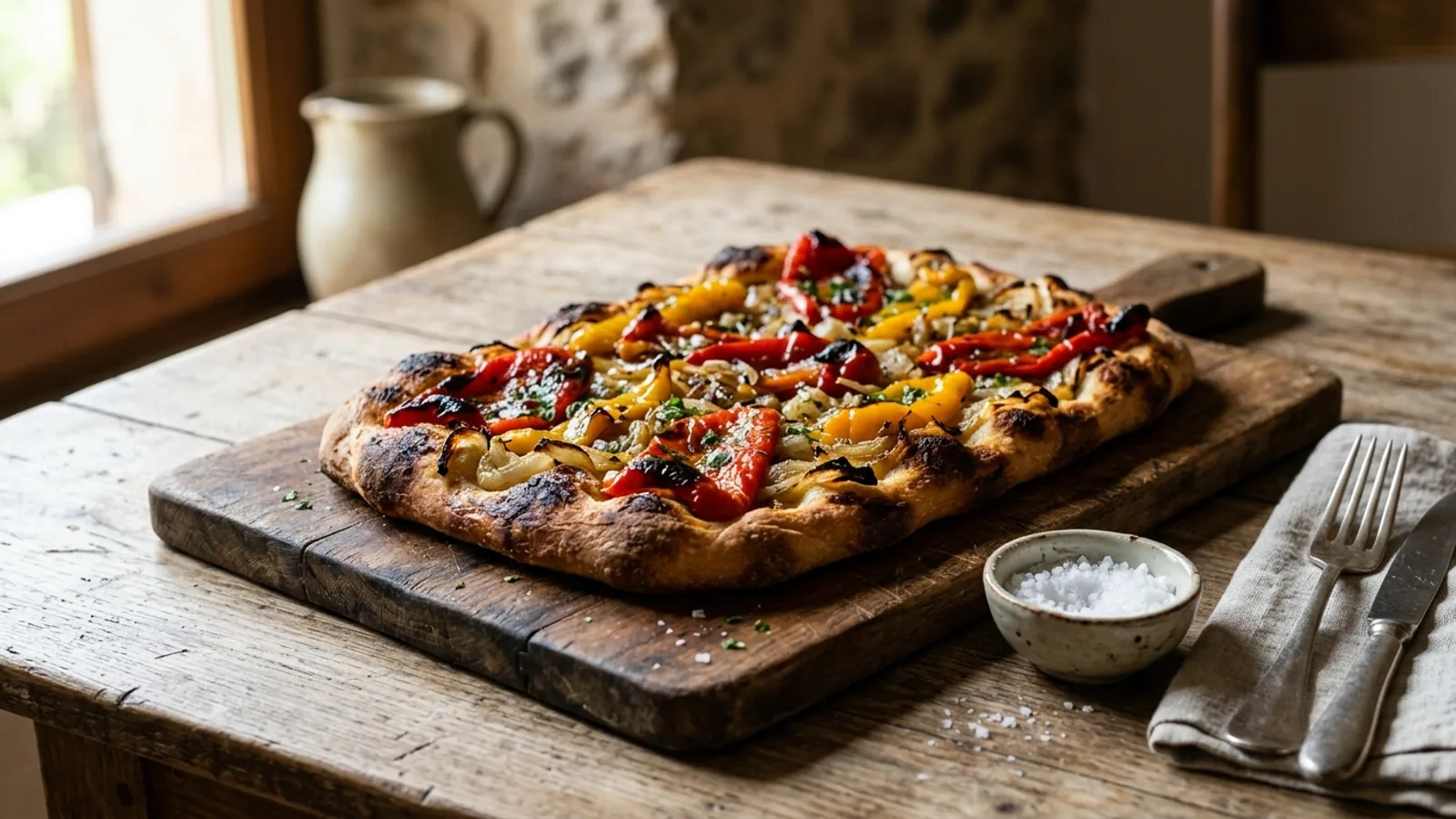 Una coca valenciana tradicional con pimientos rojos y amarillos asados, cortada sobre una tabla de madera.