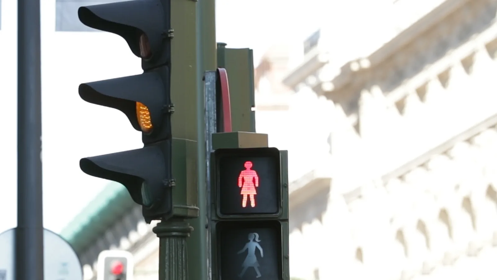 Un feu pieton affichant une silhouette feminine rouge debout en jupe au-dessus d'une silhouette feminine verte en marche avec une queue-de-cheval.