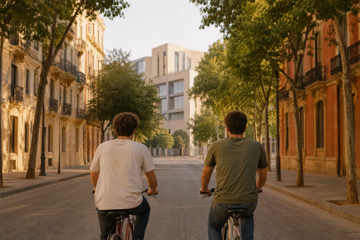 Two students cycling through a Valencia street near a university campus