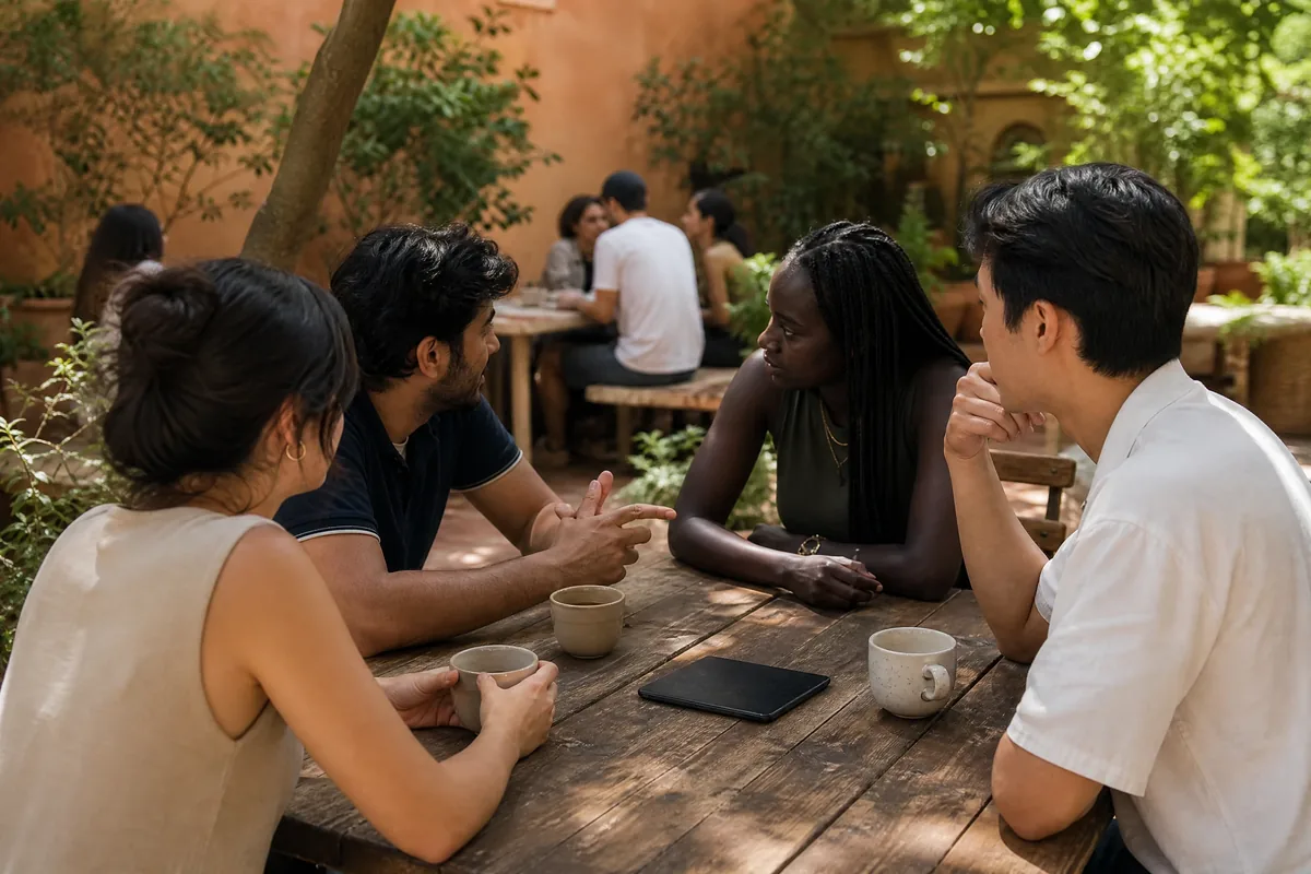 International students chatting over coffee in a Valencia courtyard