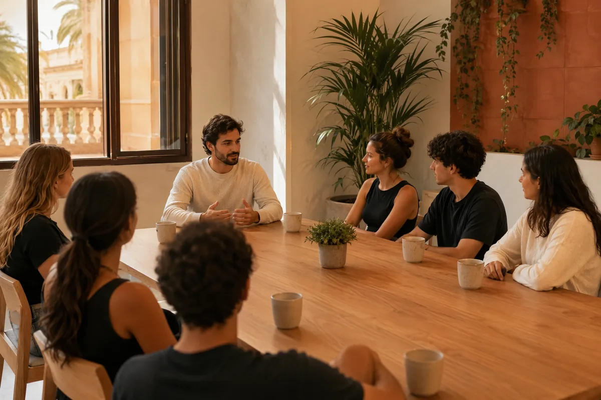A small group discussion around a table at a private university in Valencia
