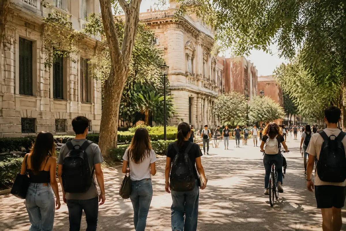 Students walking through a tree-lined path on a public university campus in Valencia