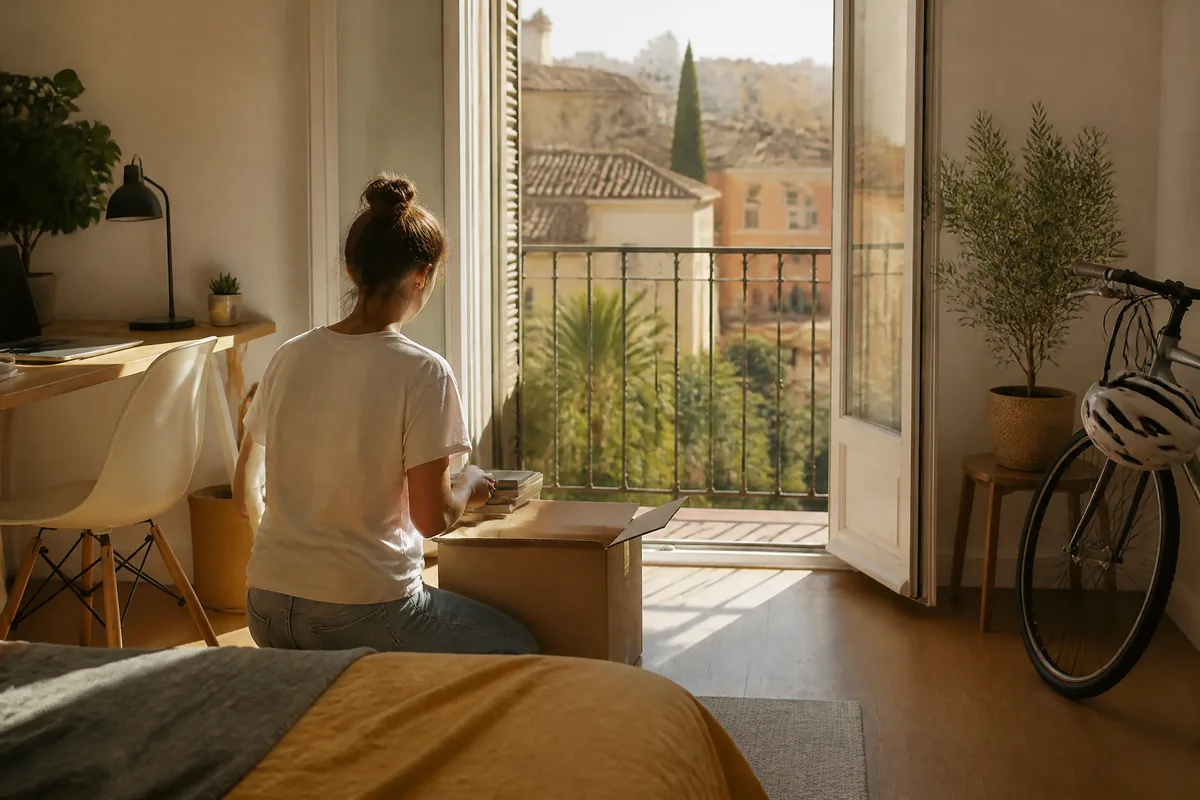A student unpacking moving boxes in a new Valencia apartment overlooking the city