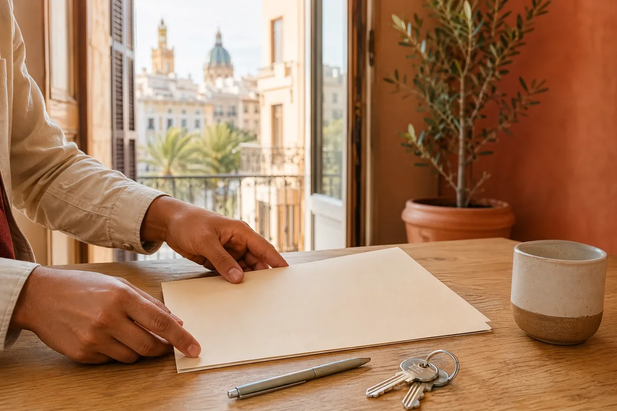 Reviewing residency paperwork at a table with a view of Valencia's rooftops