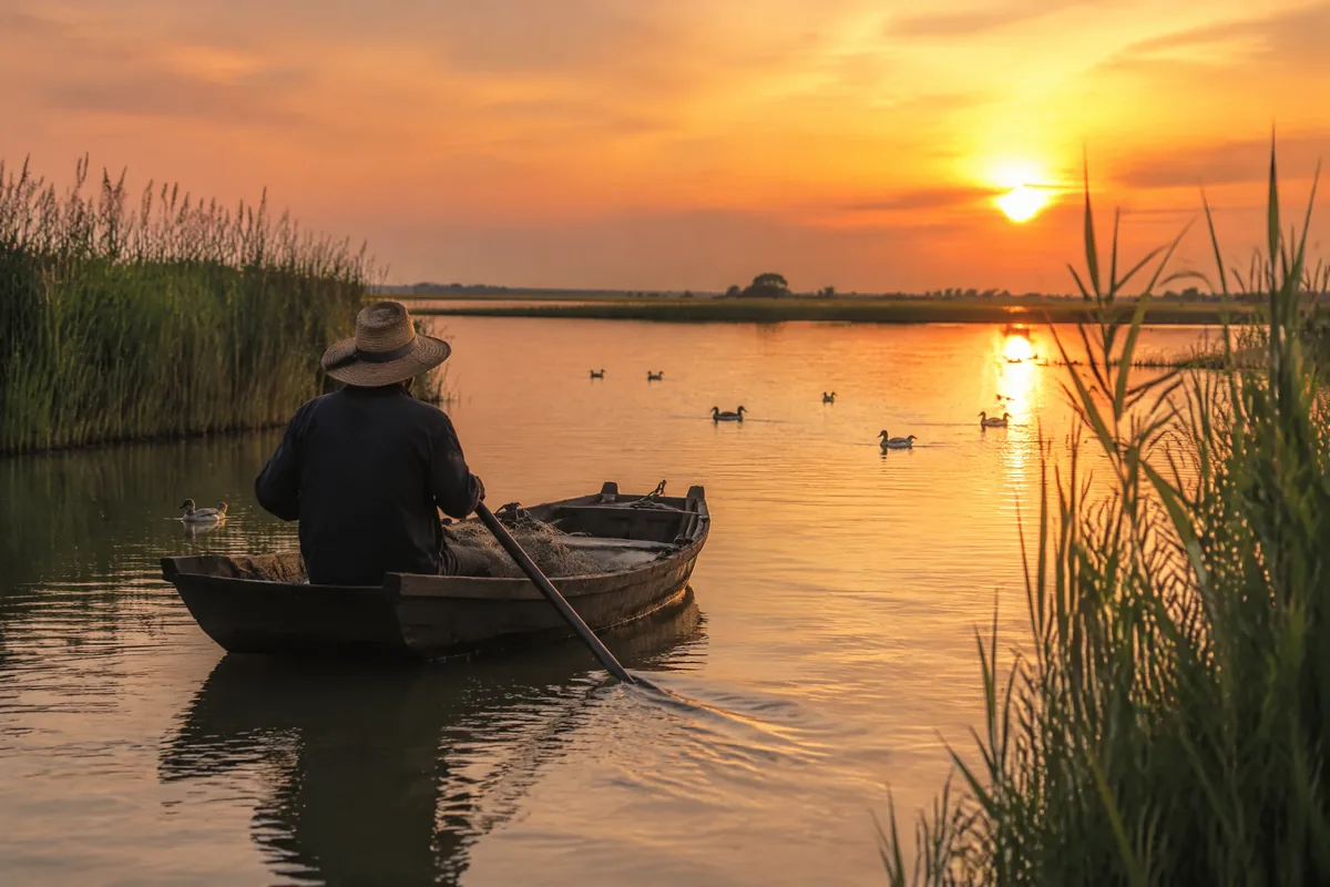 A traditional fisherman rowing across the Albufera lagoon at sunset