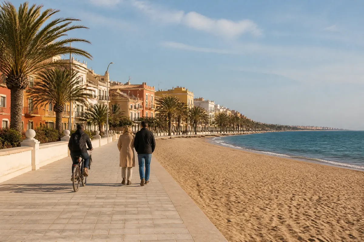 Walkers and a cyclist on the Cabanyal promenade beside Valencia's closest city beach