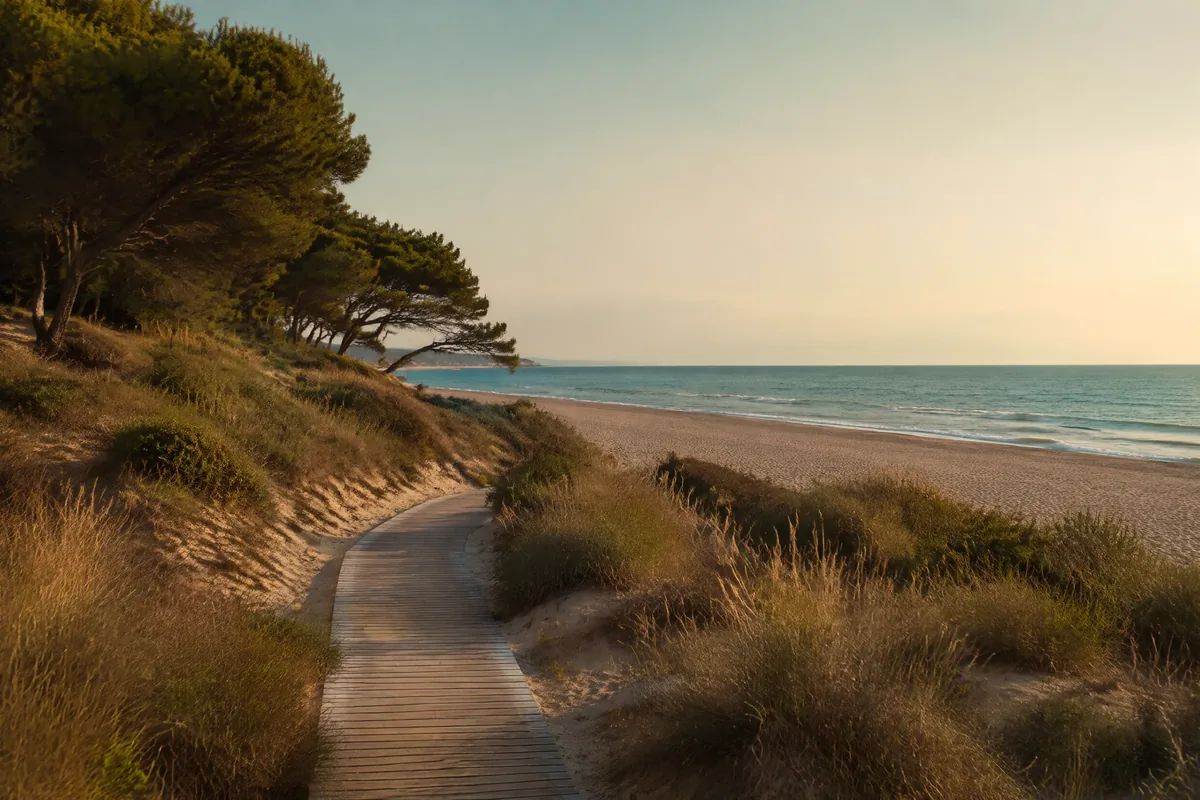 A wooden boardwalk through the pine-covered dunes leading to El Saler's wild beach
