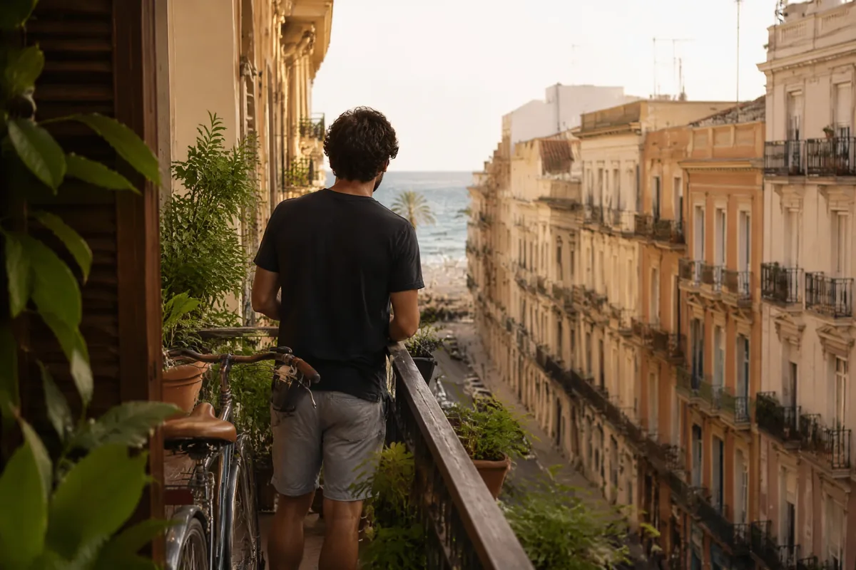 A man looking out from a balcony over Valencia's rooftops toward the sea