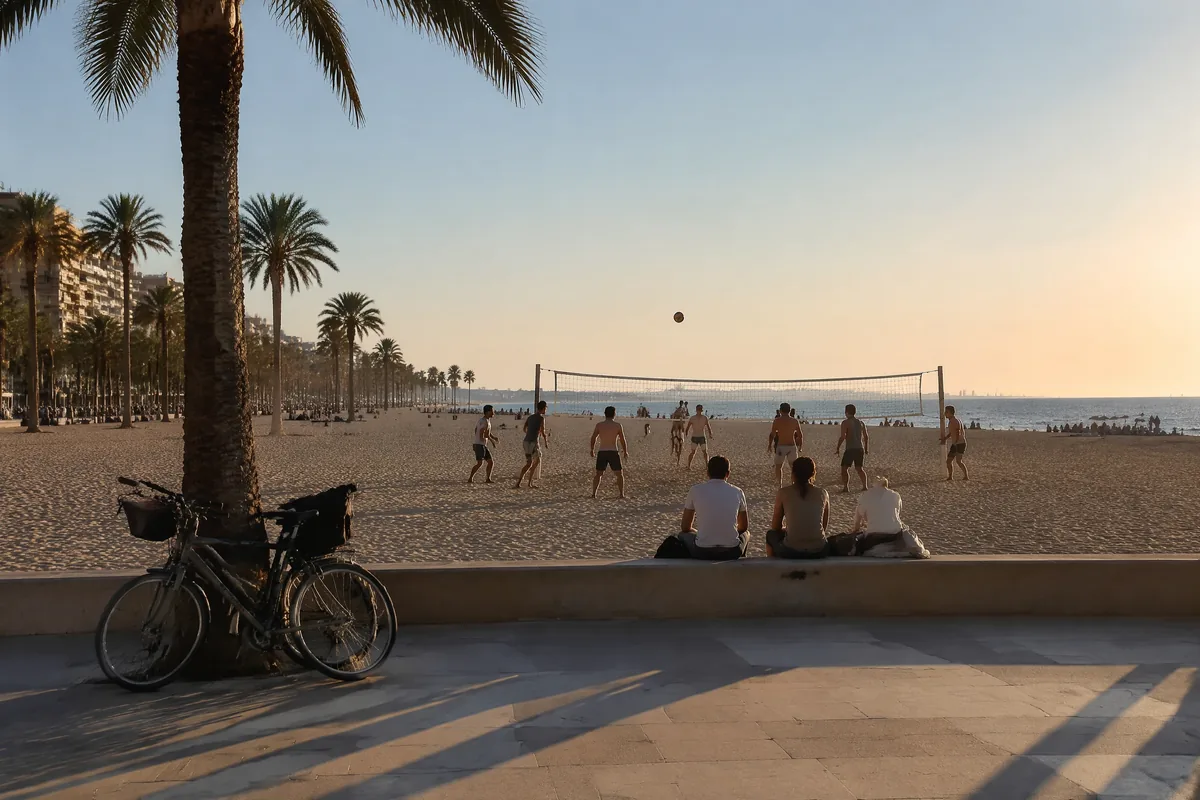 A beach volleyball game at sunset on Malvarrosa beach in Valencia