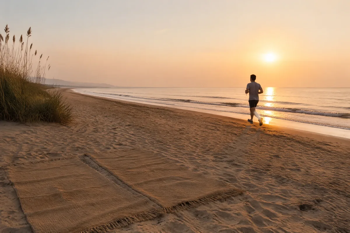 A lone runner on the quiet sand at Patacona beach at sunrise