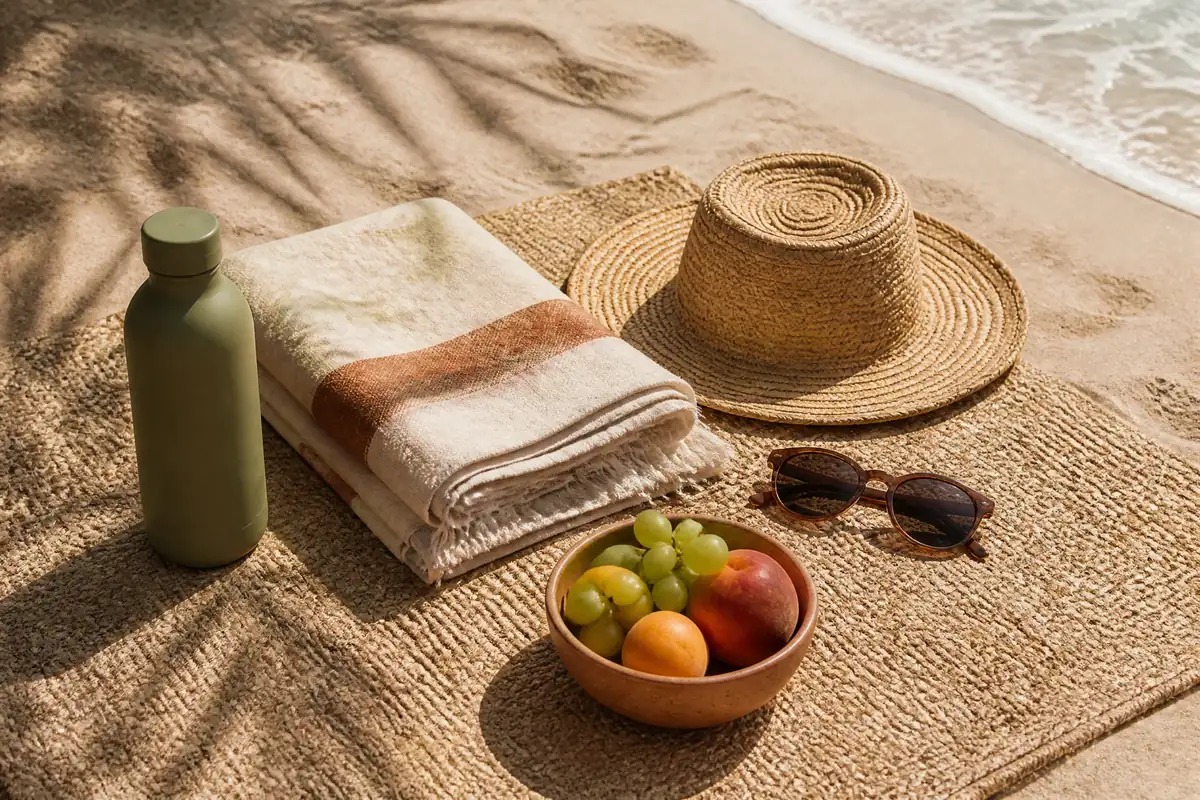 A beach mat with a straw hat, sunglasses, water bottle and bowl of fruit on Valencia sand