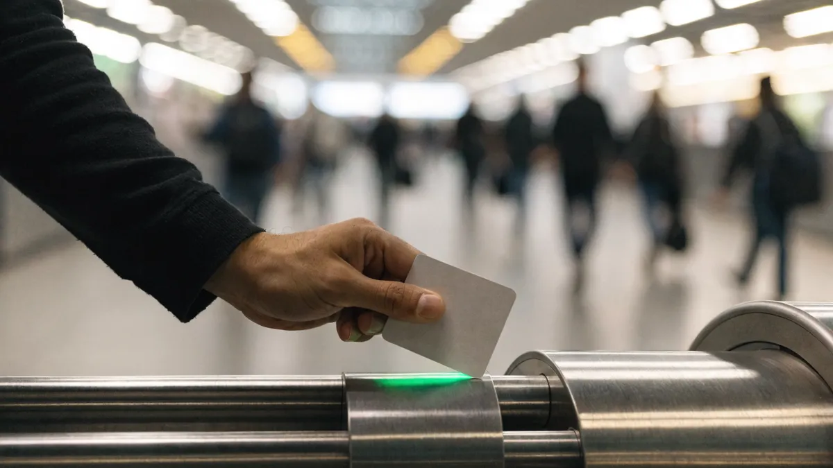 Validation d'une carte de transport sur le lecteur d'un tourniquet de métro