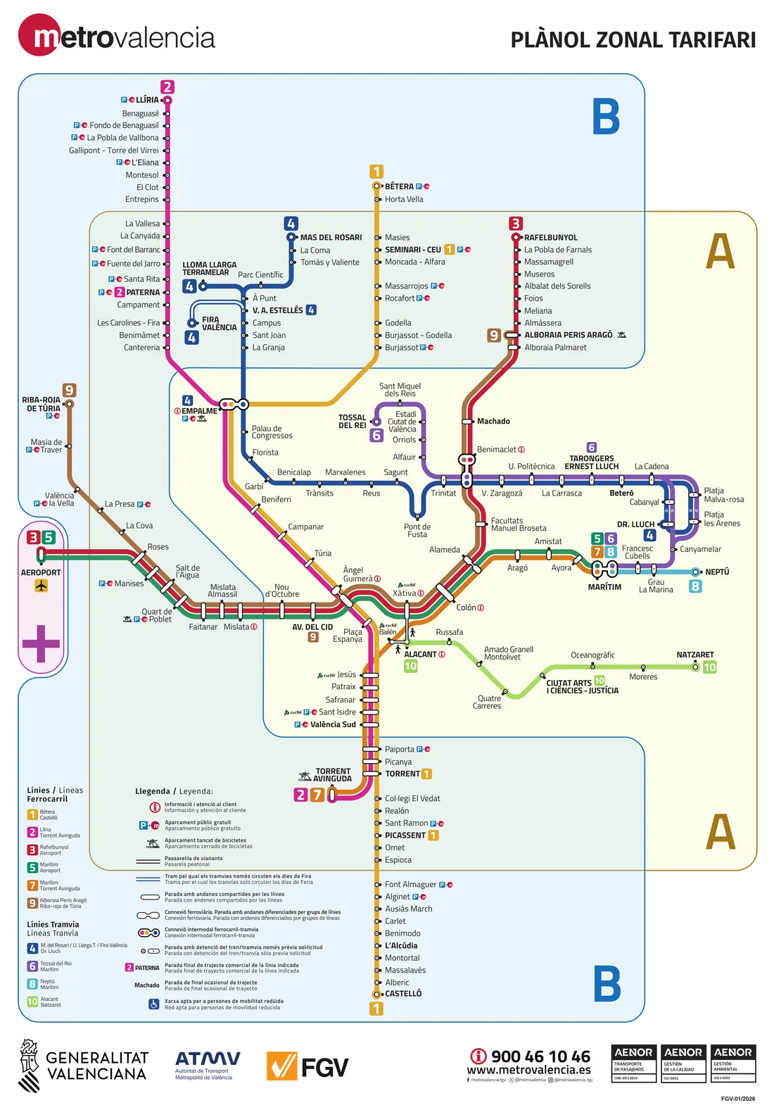 Plano zonal tarifario oficial de Metrovalencia, zonas A y B