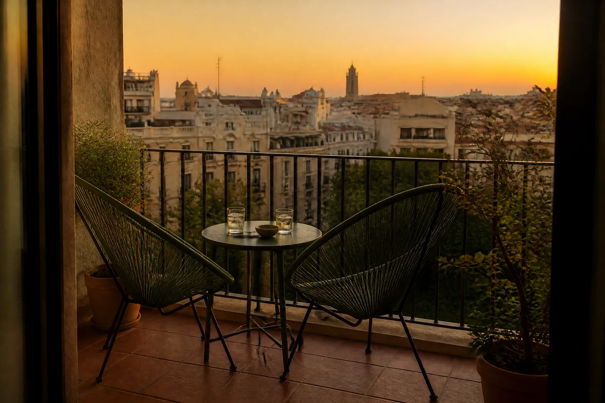 Soirée sur une terrasse de Valencia, l'air plus frais de la nuit qui chasse la chaleur de la journée hors de l'appartement