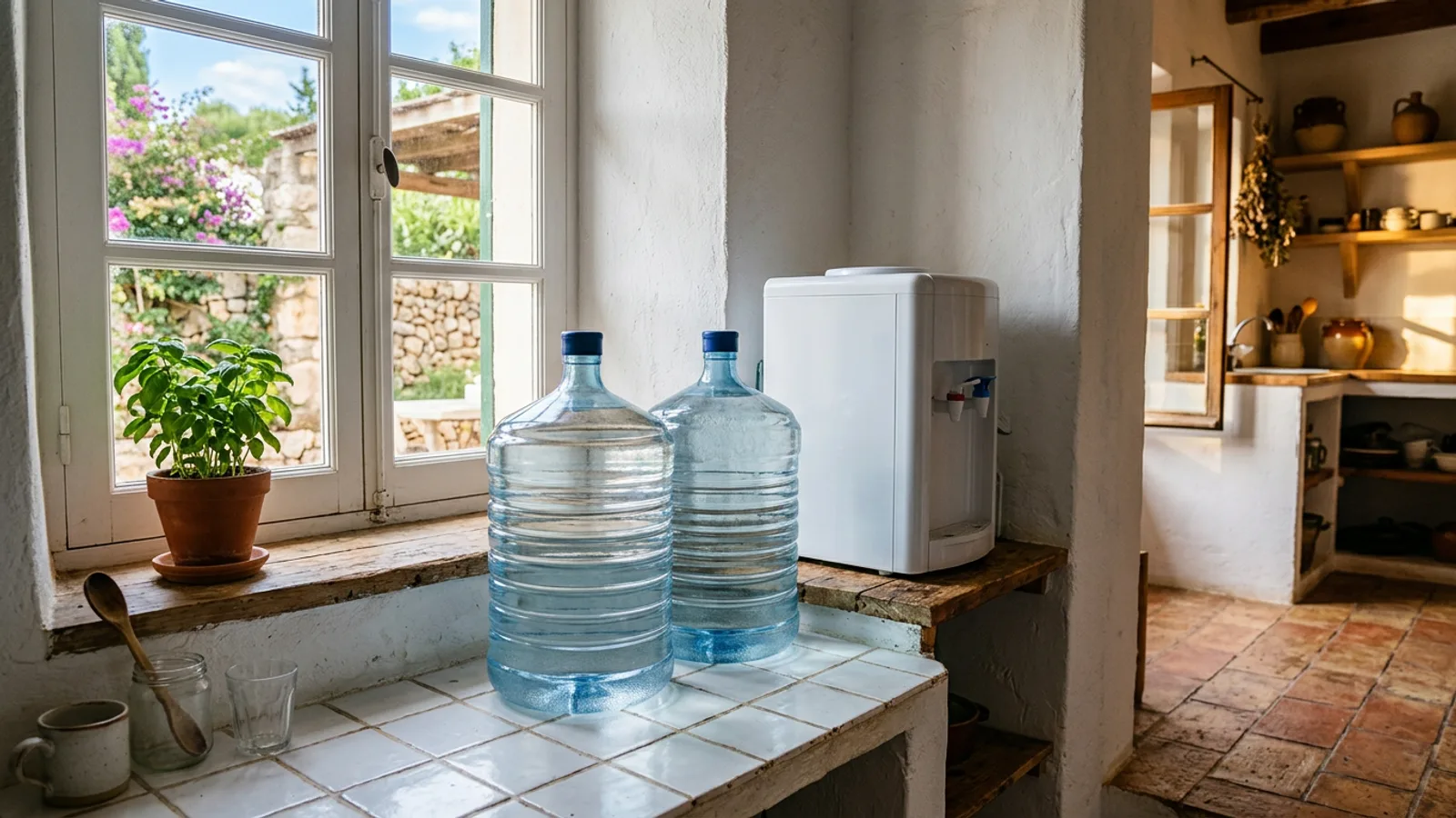 Two 20-litre water garrafas standing beside a small white countertop dispenser in a bright tiled Mediterranean kitchen