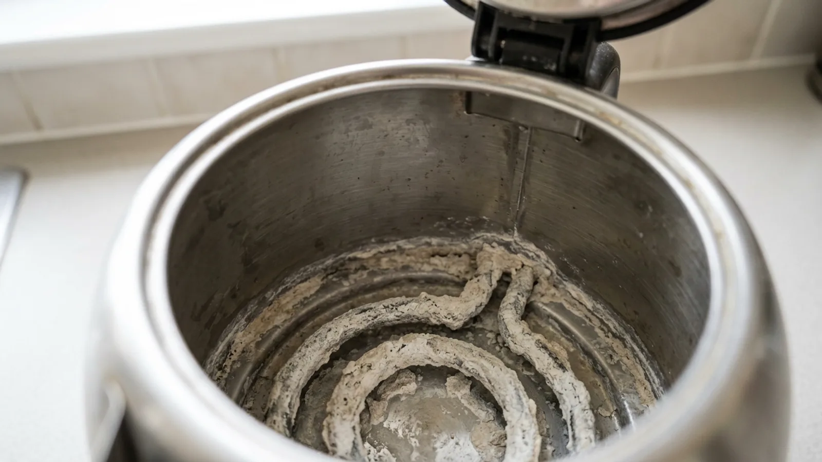 Close view inside a stainless steel electric kettle showing a thick chalky white limescale crust on the element and base