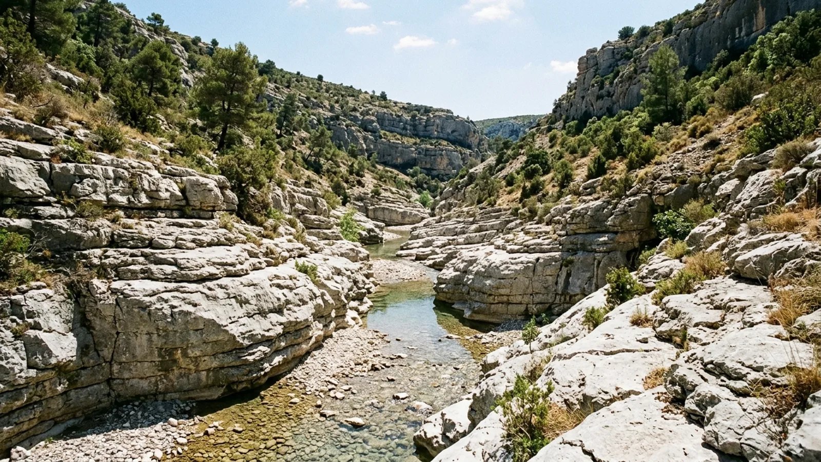 A dry limestone gorge in the Mediterranean interior, pale stratified rock walls above a shallow clear river running over a stony bed