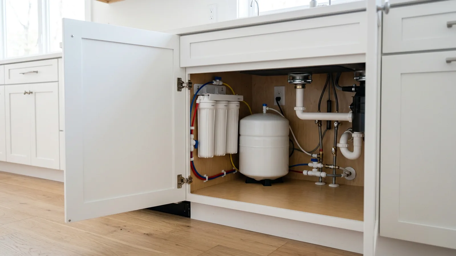 An under-sink reverse osmosis filter inside an open kitchen cabinet: three cylindrical filter housings and a small storage tank connected by tubing