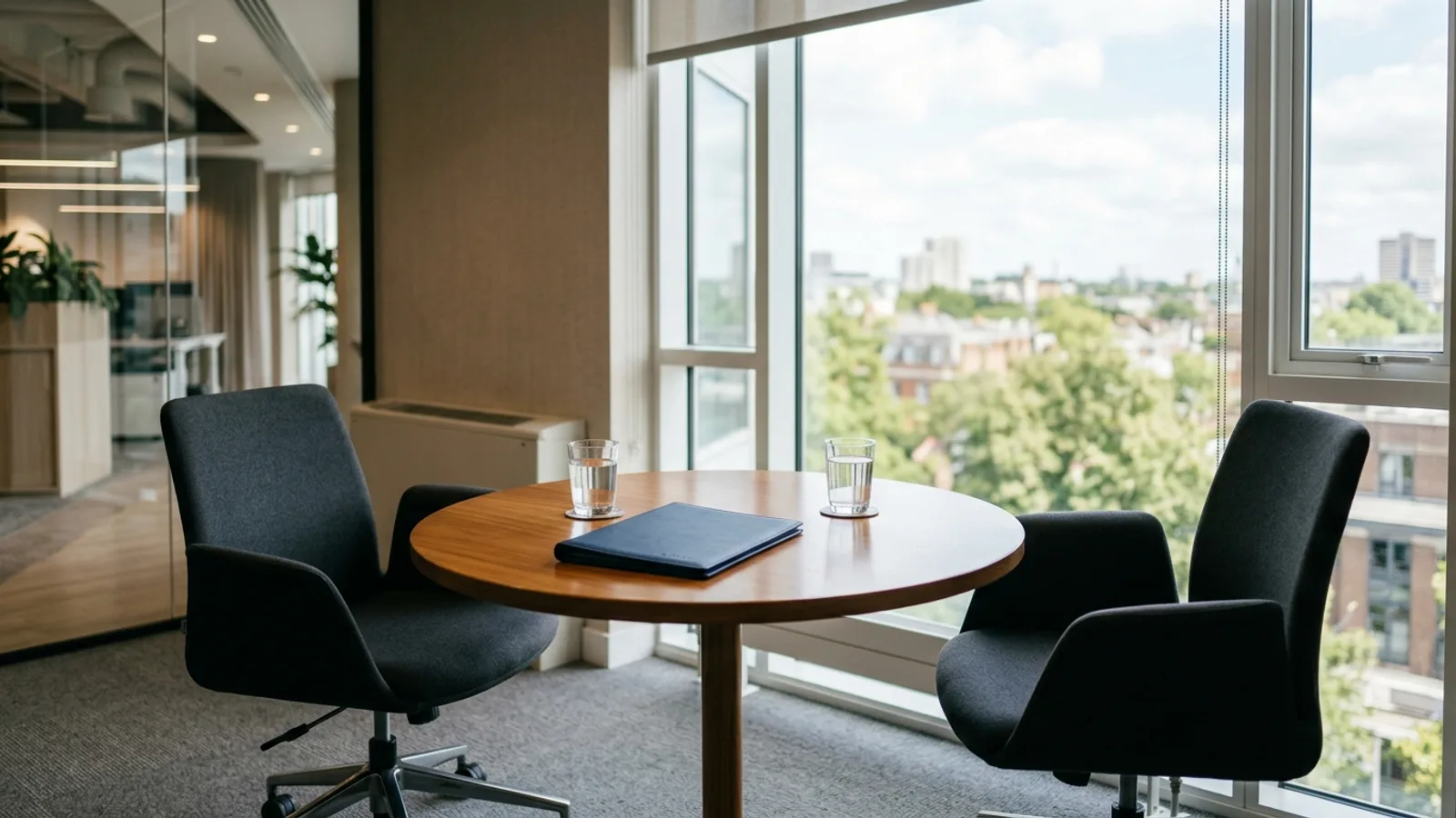 Two chairs either side of a small polished meeting table by a window, a closed folder and two glasses of water on the table