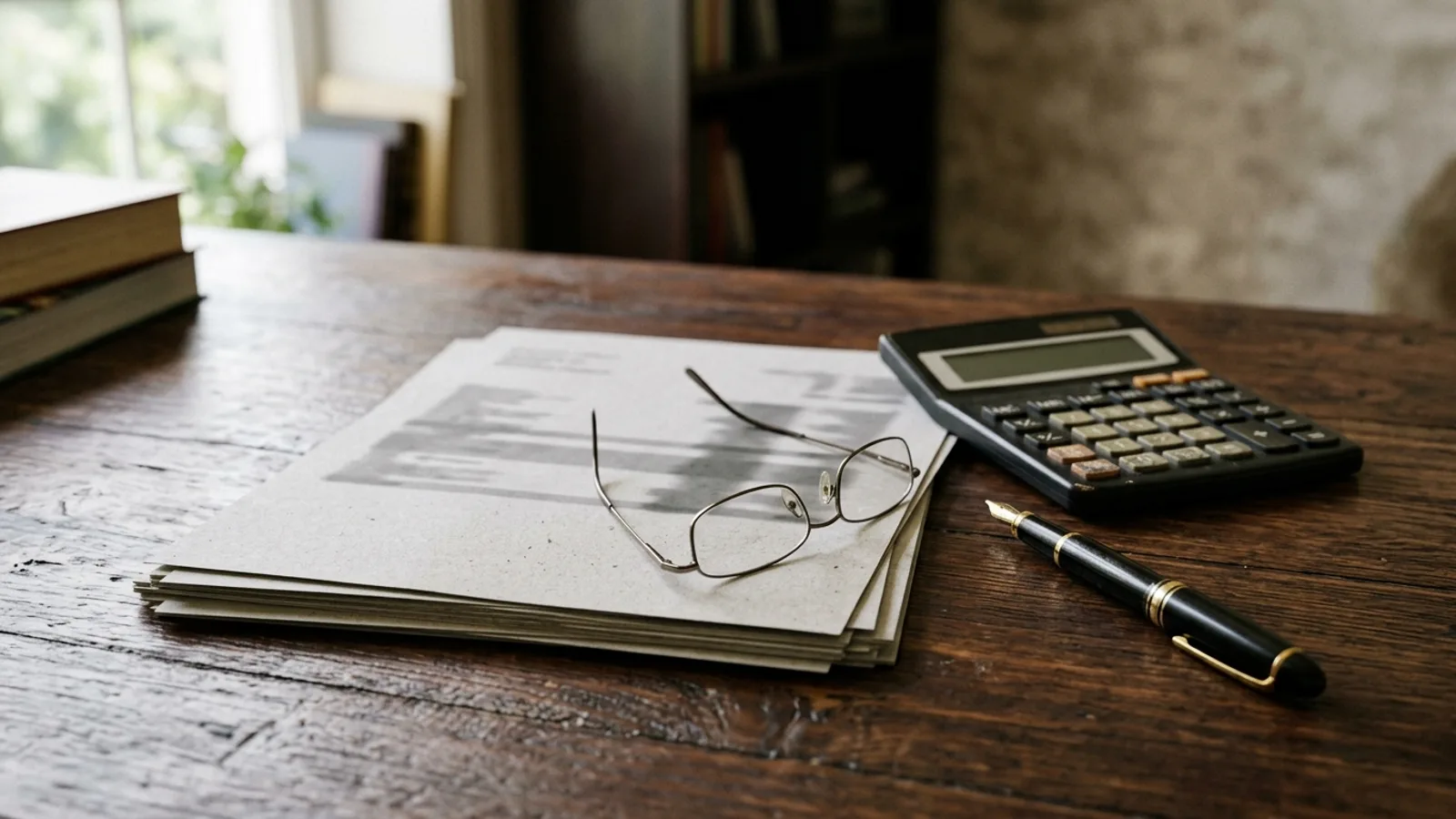 A neat desk with a stack of financial statements face down, a calculator, reading glasses and a fountain pen on a dark wooden surface