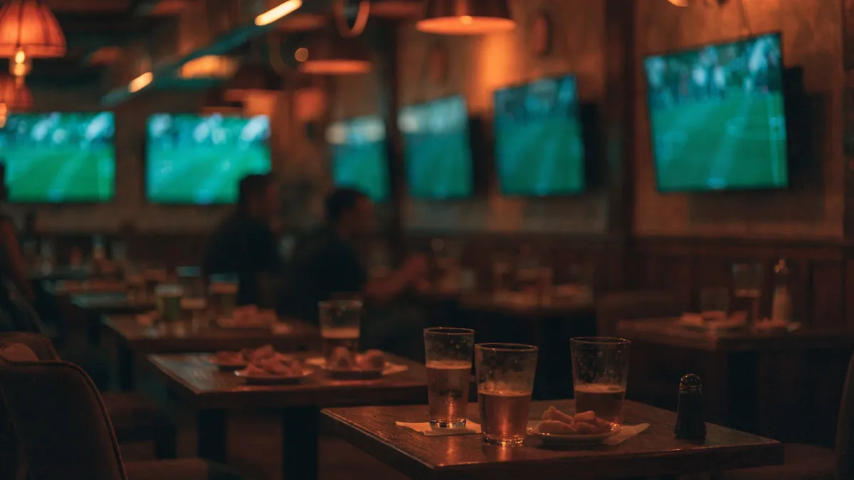 Bar sportif espagnol avec des écrans lumineux en soirée