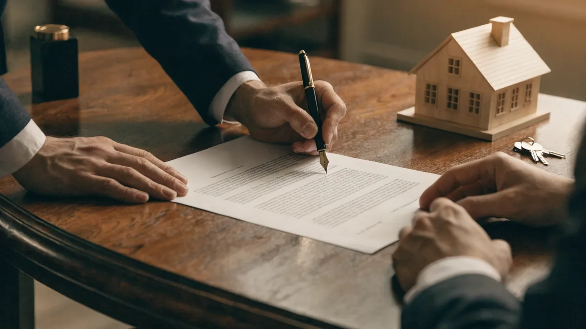 Ondertekenen van een koopcontract aan een notarisbureau