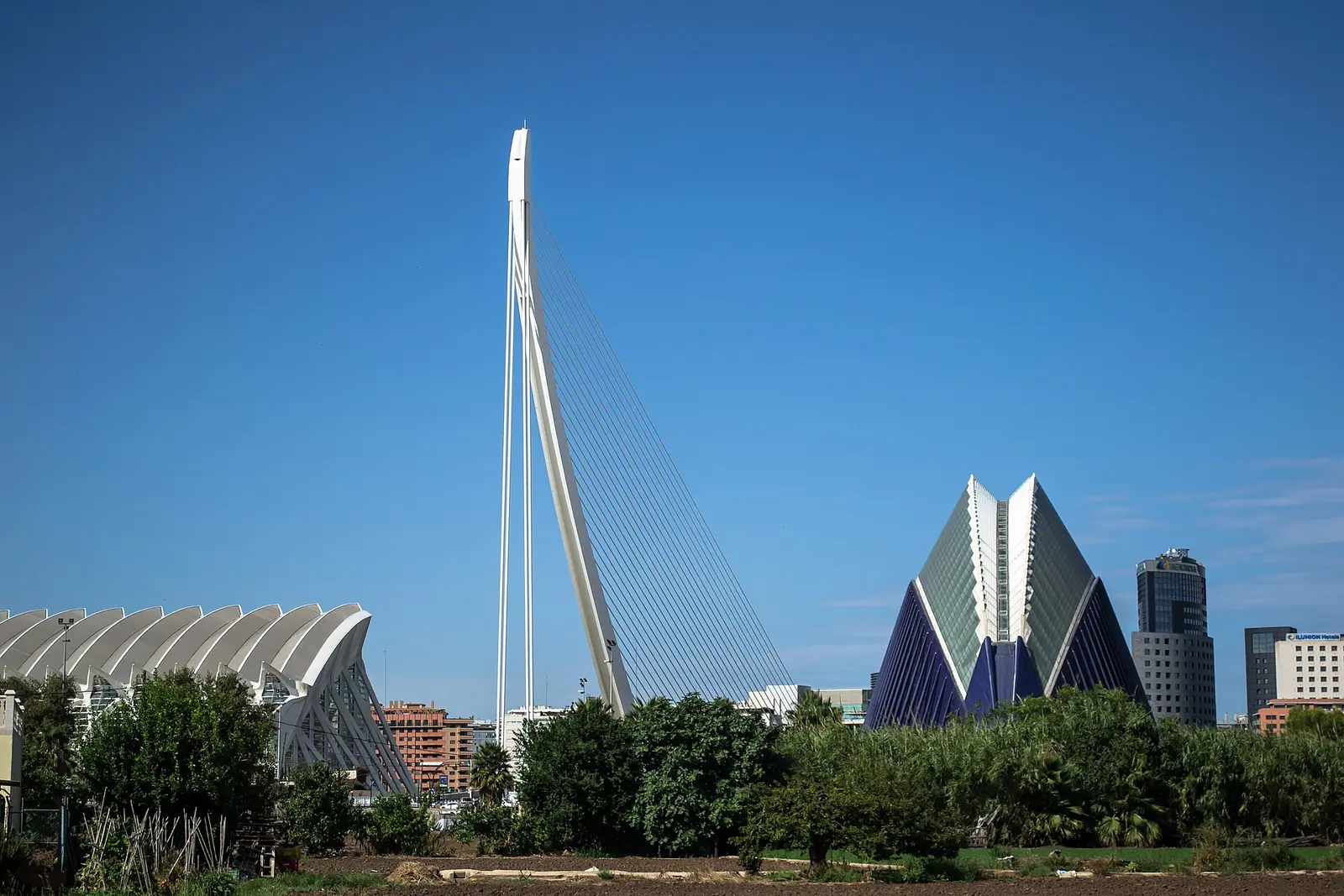 The Assut de l'Or bridge with the faceted blue shell of L'Agora behind it