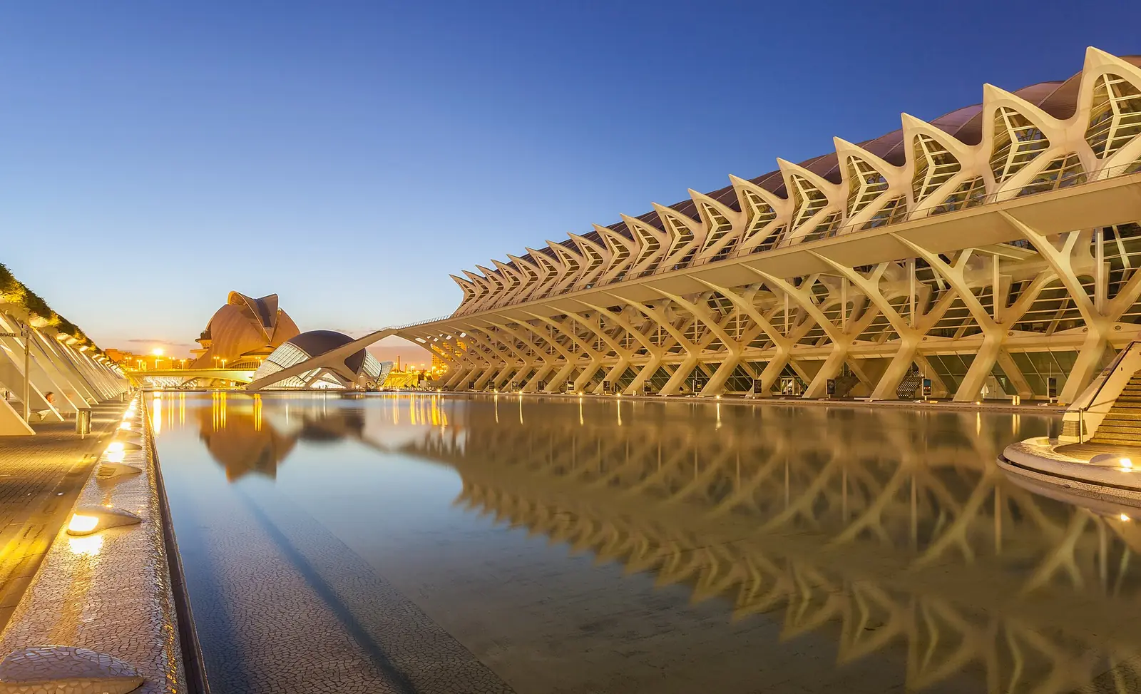 The ribbed white flank of the Museu de les Ciencies running along the reflecting pool at blue hour