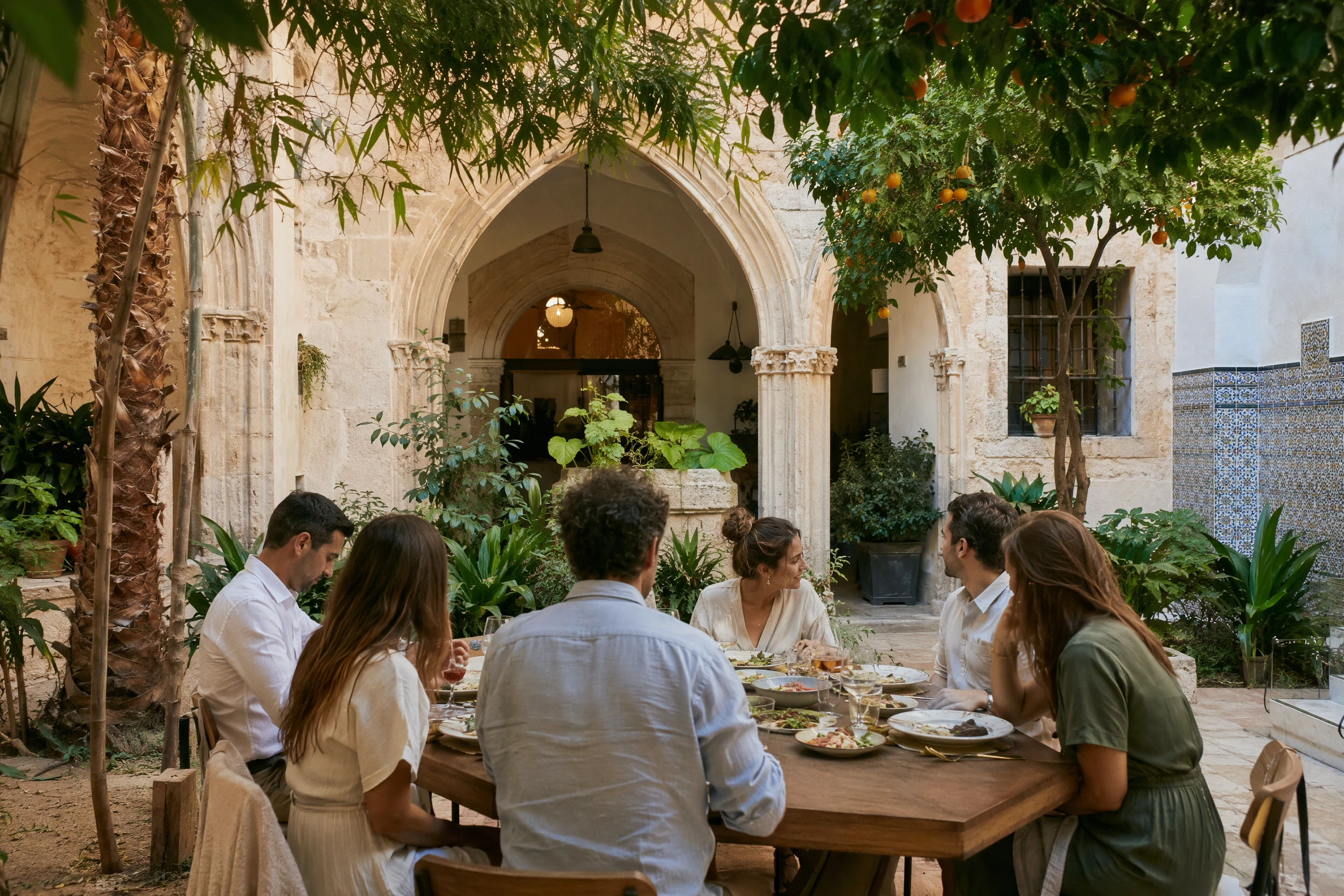 Patio restaurado de la Ciutat Vella en El Carmen con piedra valenciana, cerámica y naranjos