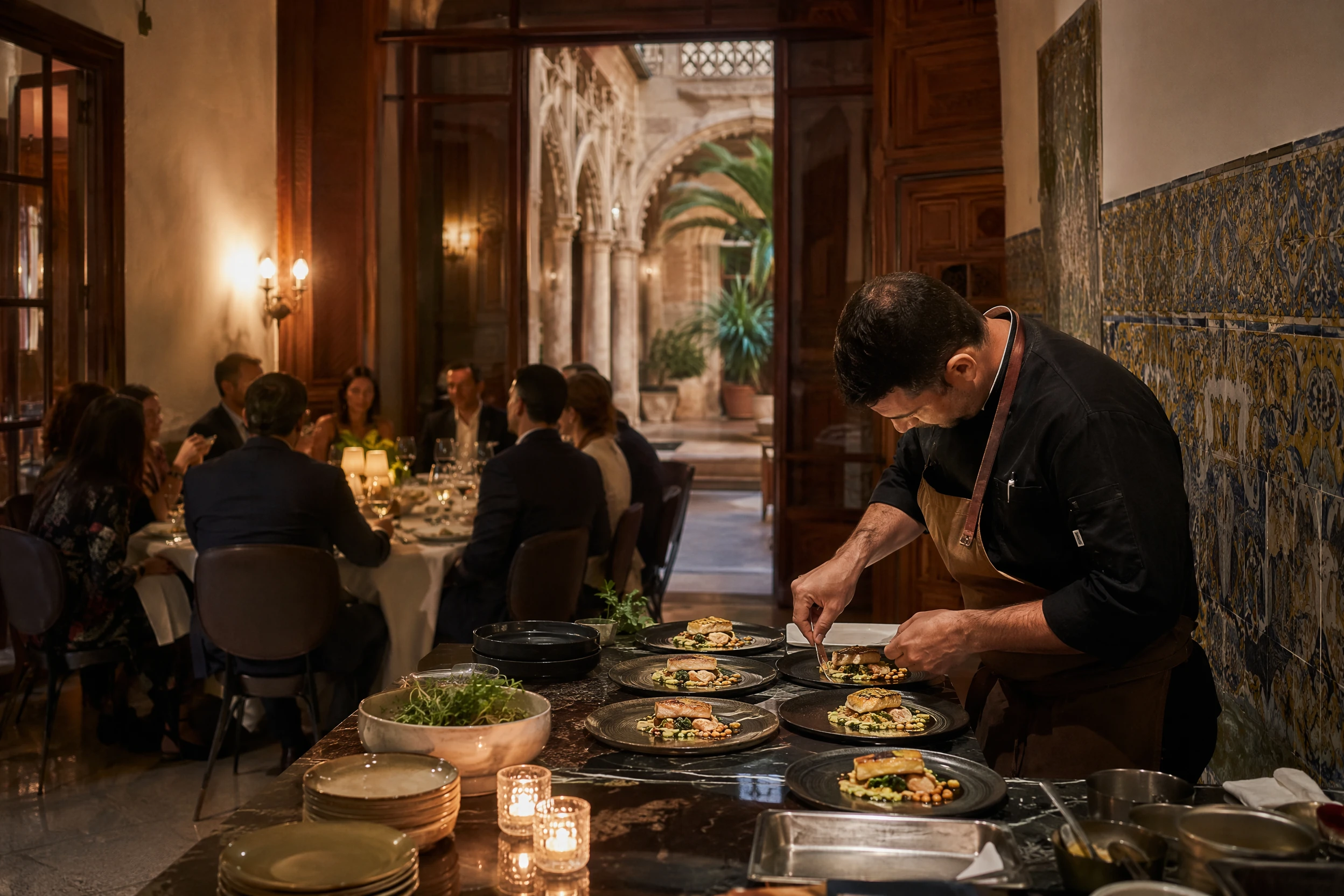 Patio restaurado de una casa señorial valenciana con azulejos locales, preparado para una cena ejecutiva