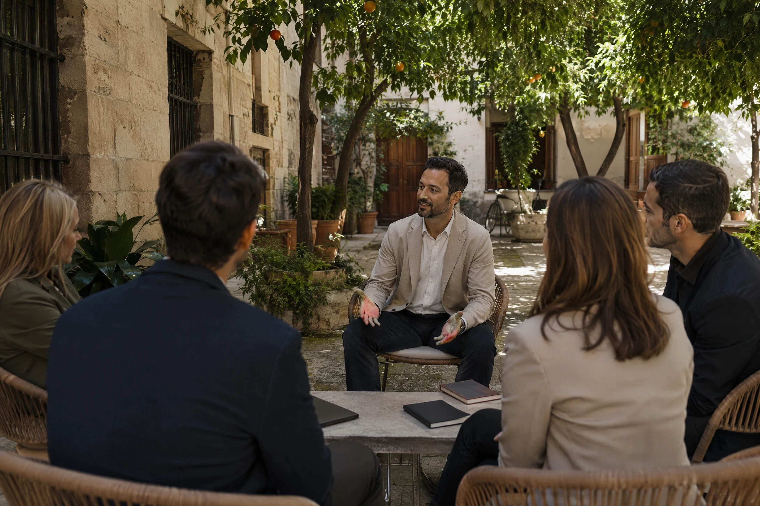 Patio a la sombra en El Carmen, Valencia, con piedra histórica y naranjos