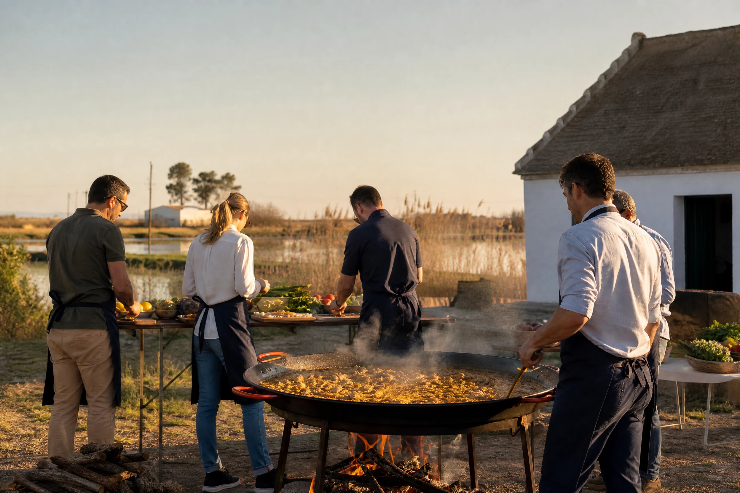 Taller tradicional de paella junto a una barraca y los arrozales de la Albufera cerca de Valencia