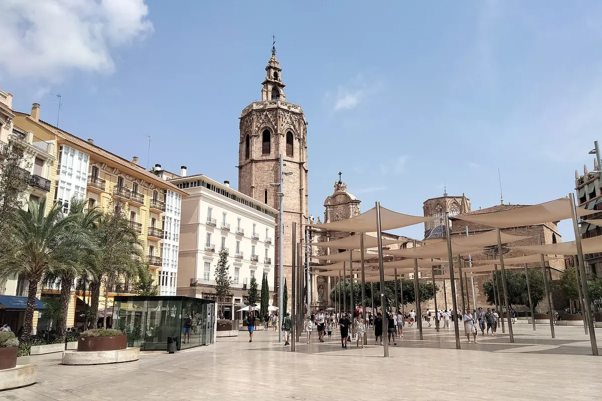 Plaça de la Reina in Ciutat Vella, Valencia, with the Micalet bell tower and the cathedral
