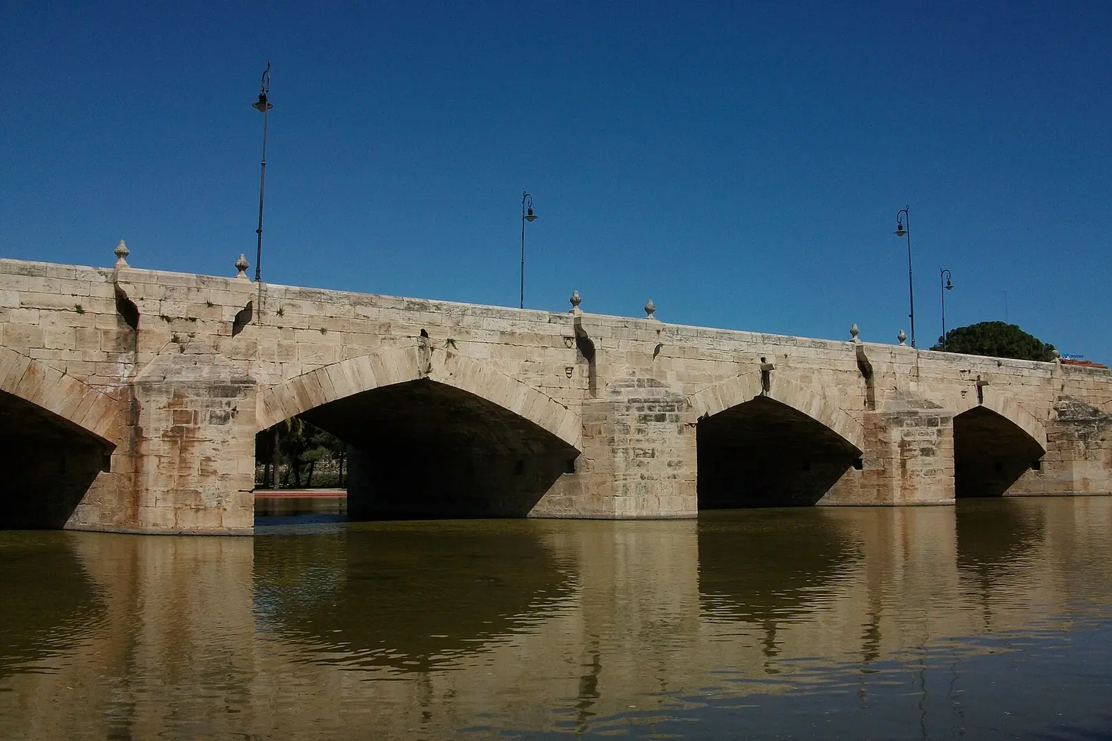 The stone arches of the Pont de la Mar reflected in a pond in the Turia Gardens, Valencia