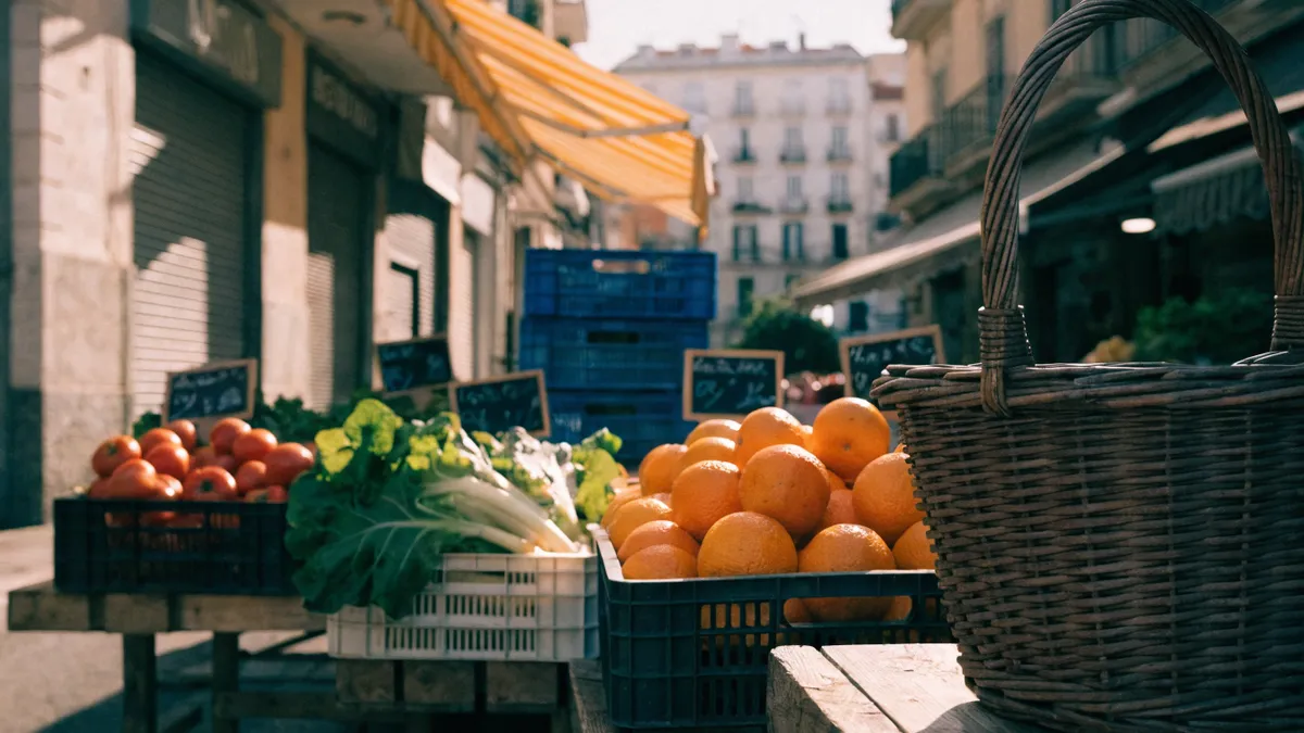 Groente- en fruitkraam met prijskaartjes op een markt in Valencia