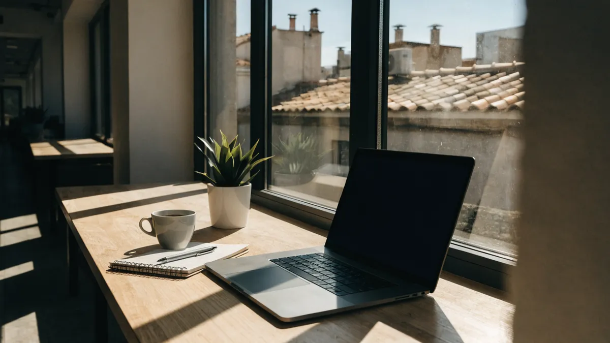 Laptop on a sunny coworking desk overlooking Valencia