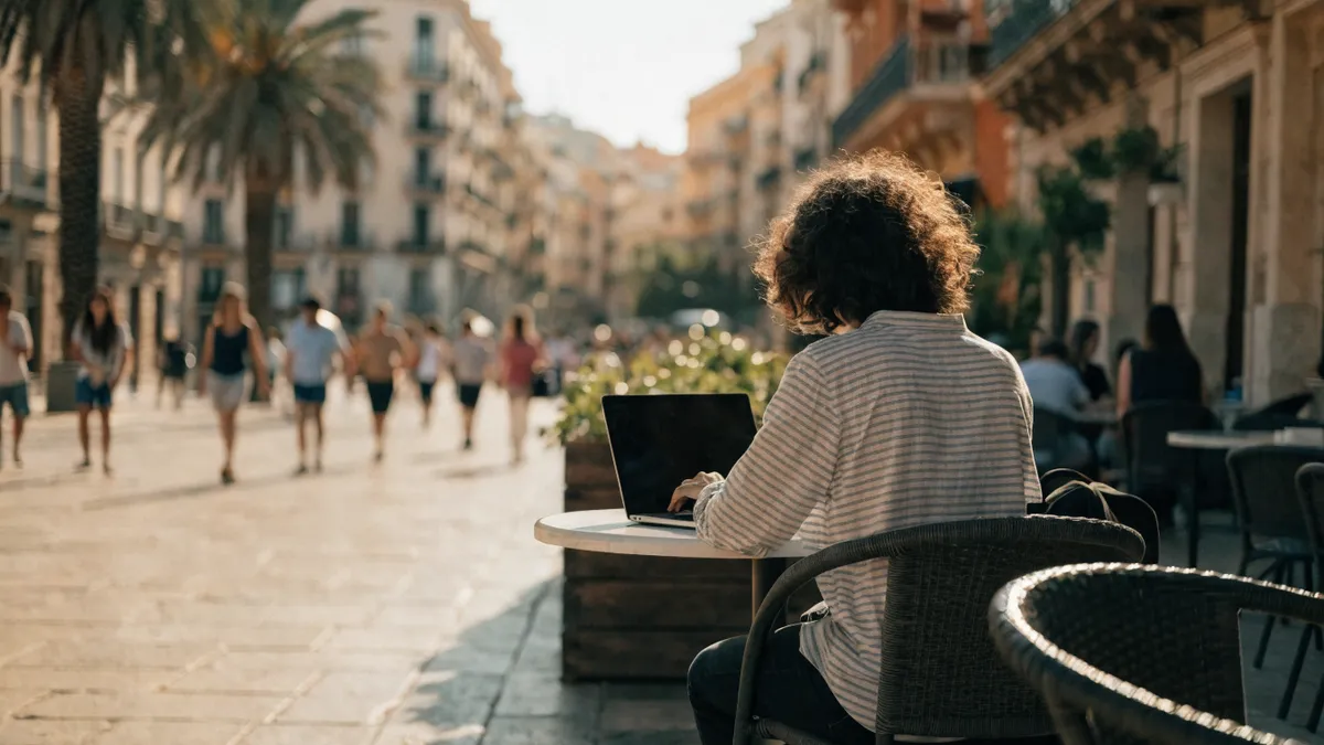 Remote worker at a Valencia cafe terrace