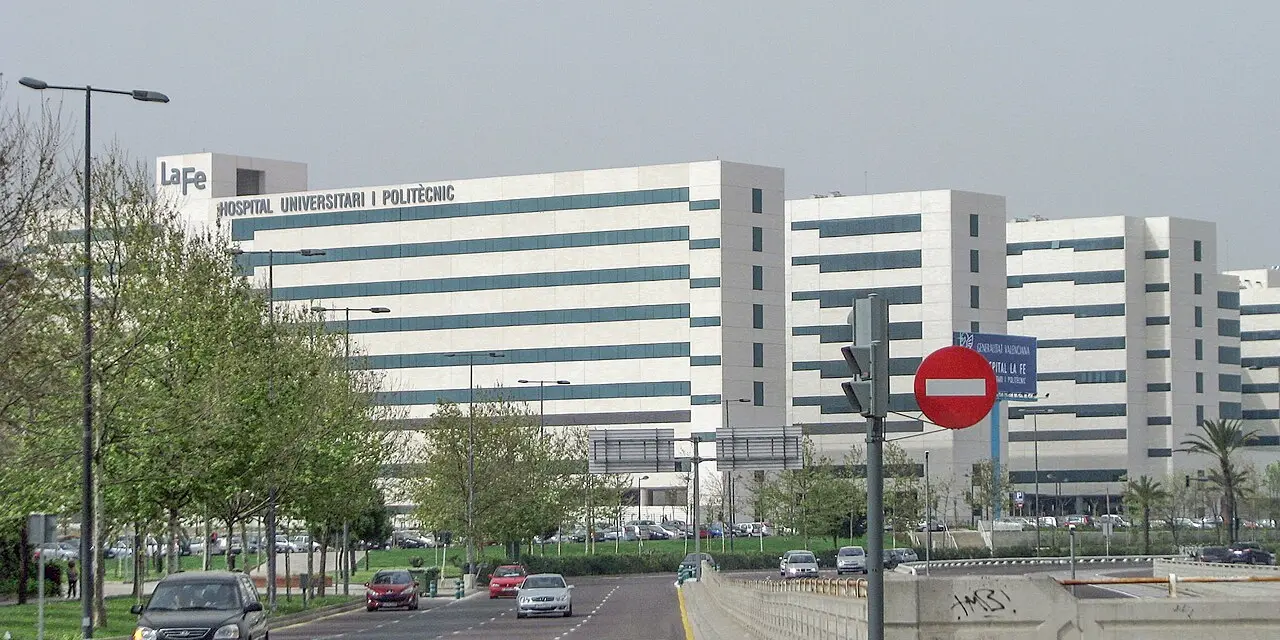 El Hospital Universitari i Politècnic La Fe de Valencia, un largo edificio blanco con el rótulo La Fe en la azotea