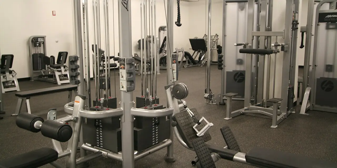 Een fitnesszaal met kabelmachines, roeistations en halterbanken